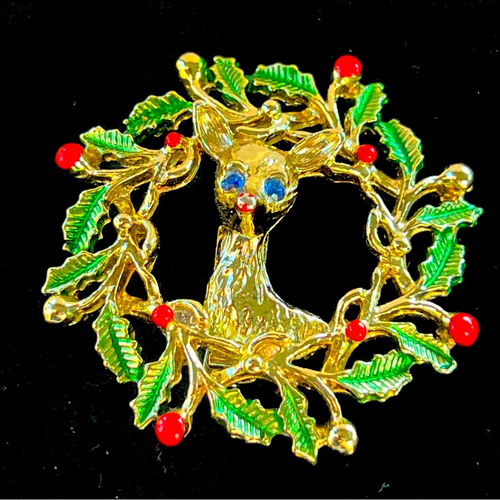 VTG Gerry's Christmas Wreath Brooch Pin Enamel Blue Rhinestone Gold Tone EUC
